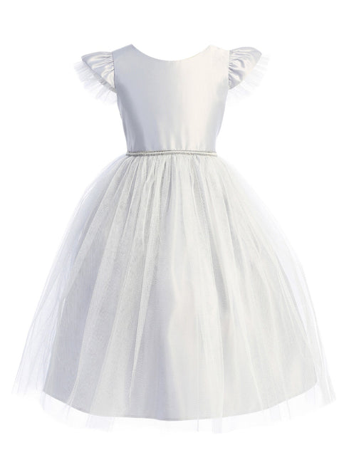 Girls Grey Satin Crystal Tulle Flutter Sleeve Flower Girl Dress 2-16 - SophiasStyle.com